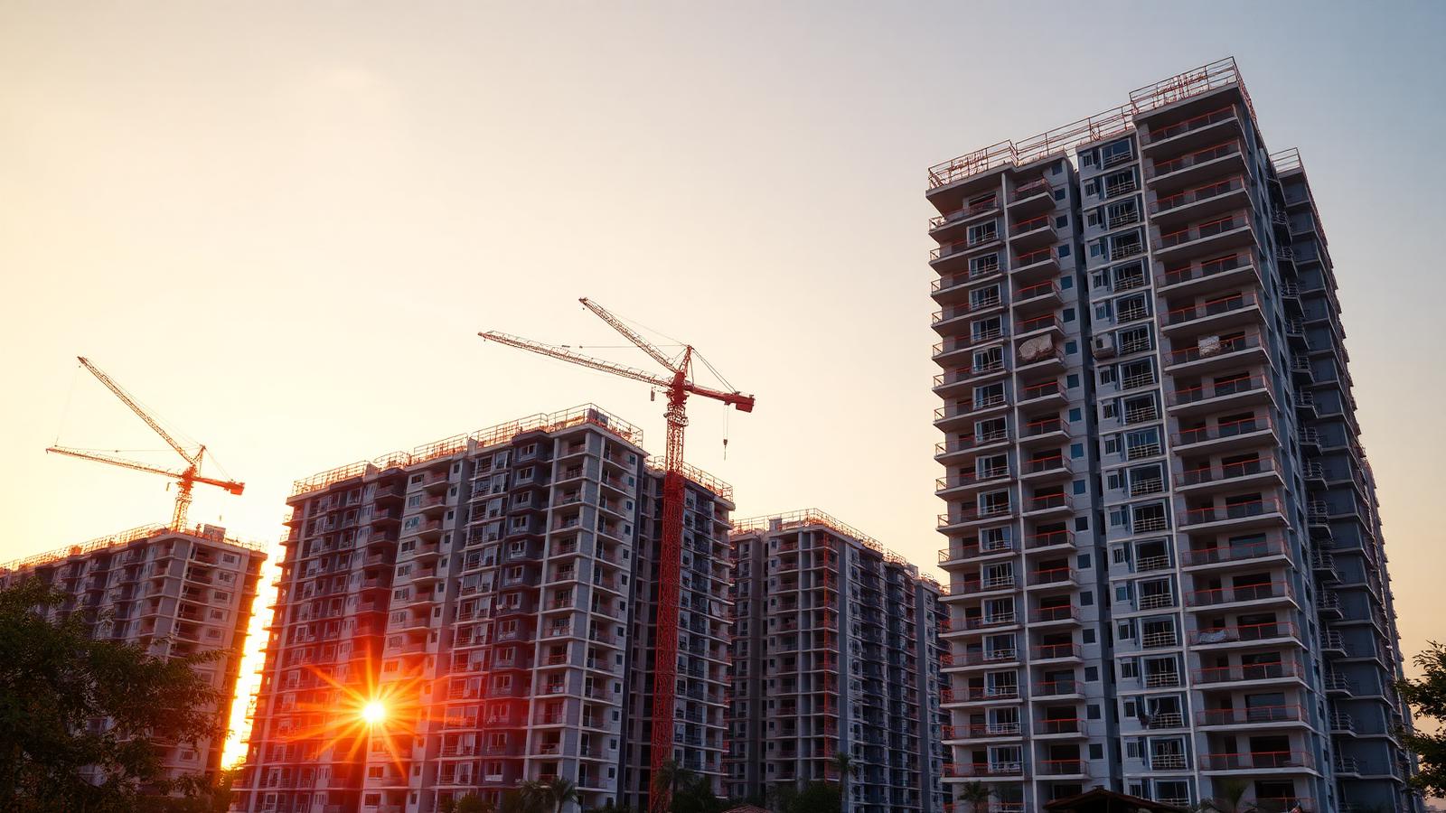 Residential towers under construction at golden hour