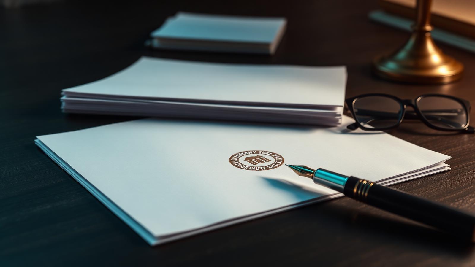 Property title documents with an official seal and fountain pen on a desk