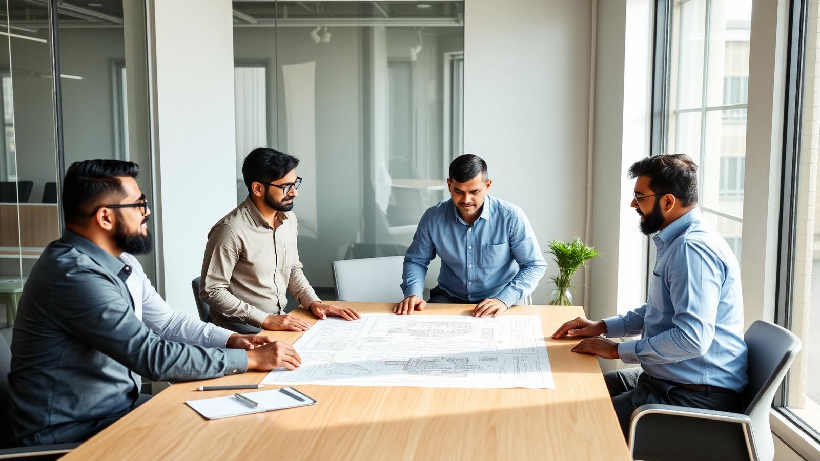 Advisors reviewing project blueprints across a conference table