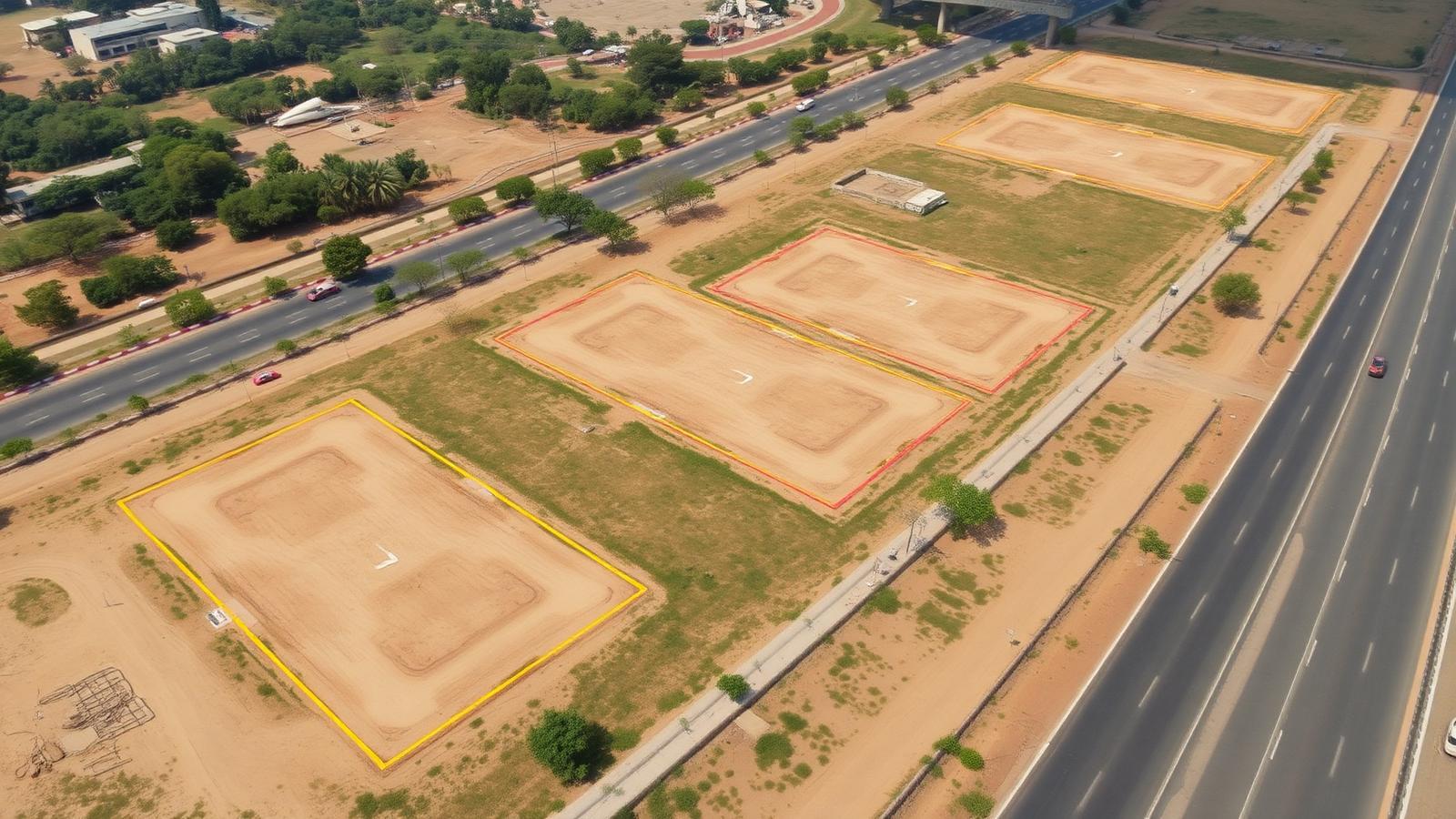 Aerial view of demarcated land plots beside a highway