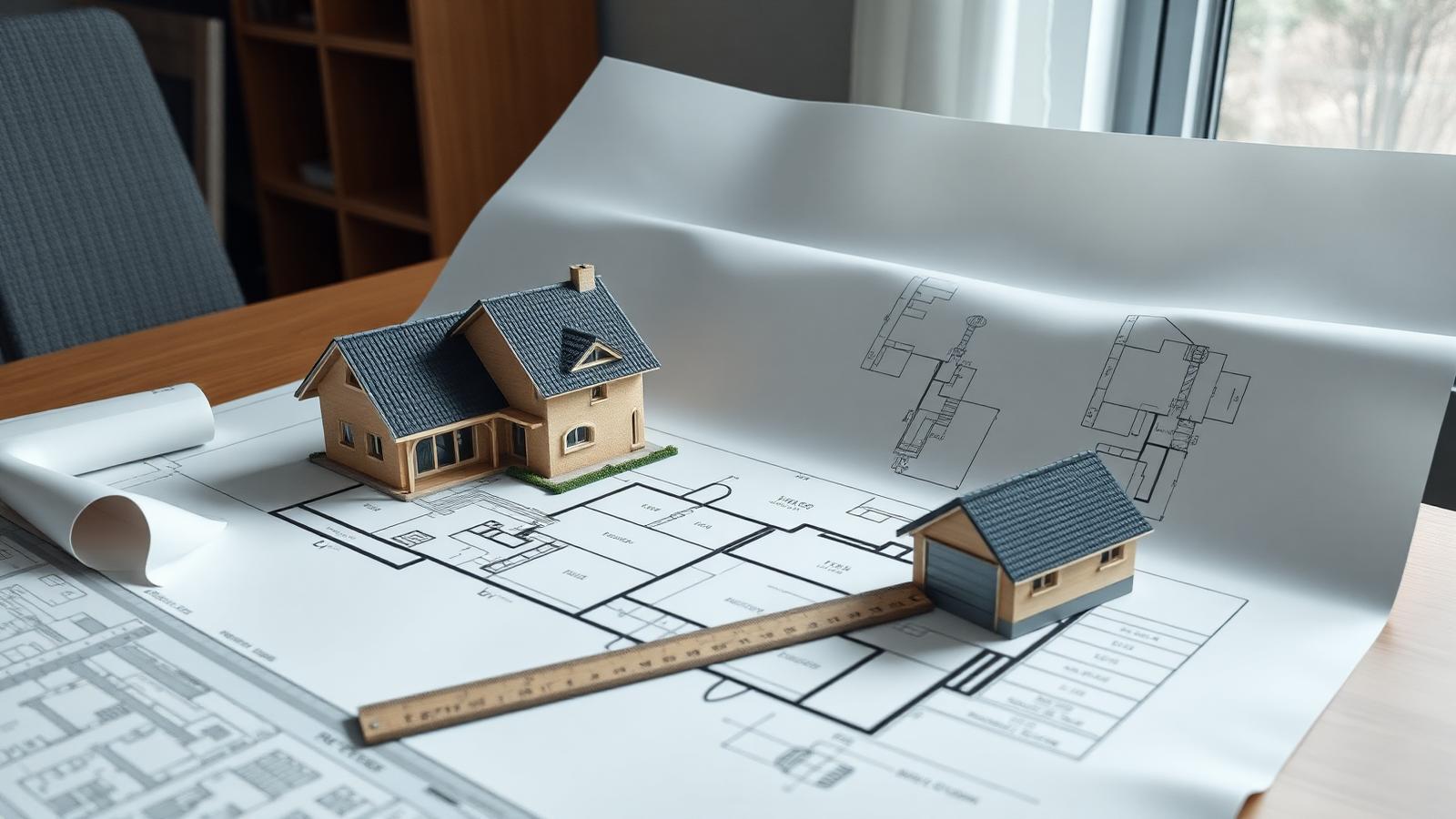 House map blueprints and a scale model on an architect's desk