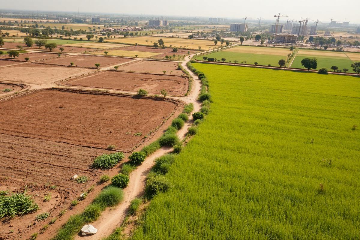 Agricultural land bordering a newly developing urban area in Haryana, illustrating change of land use