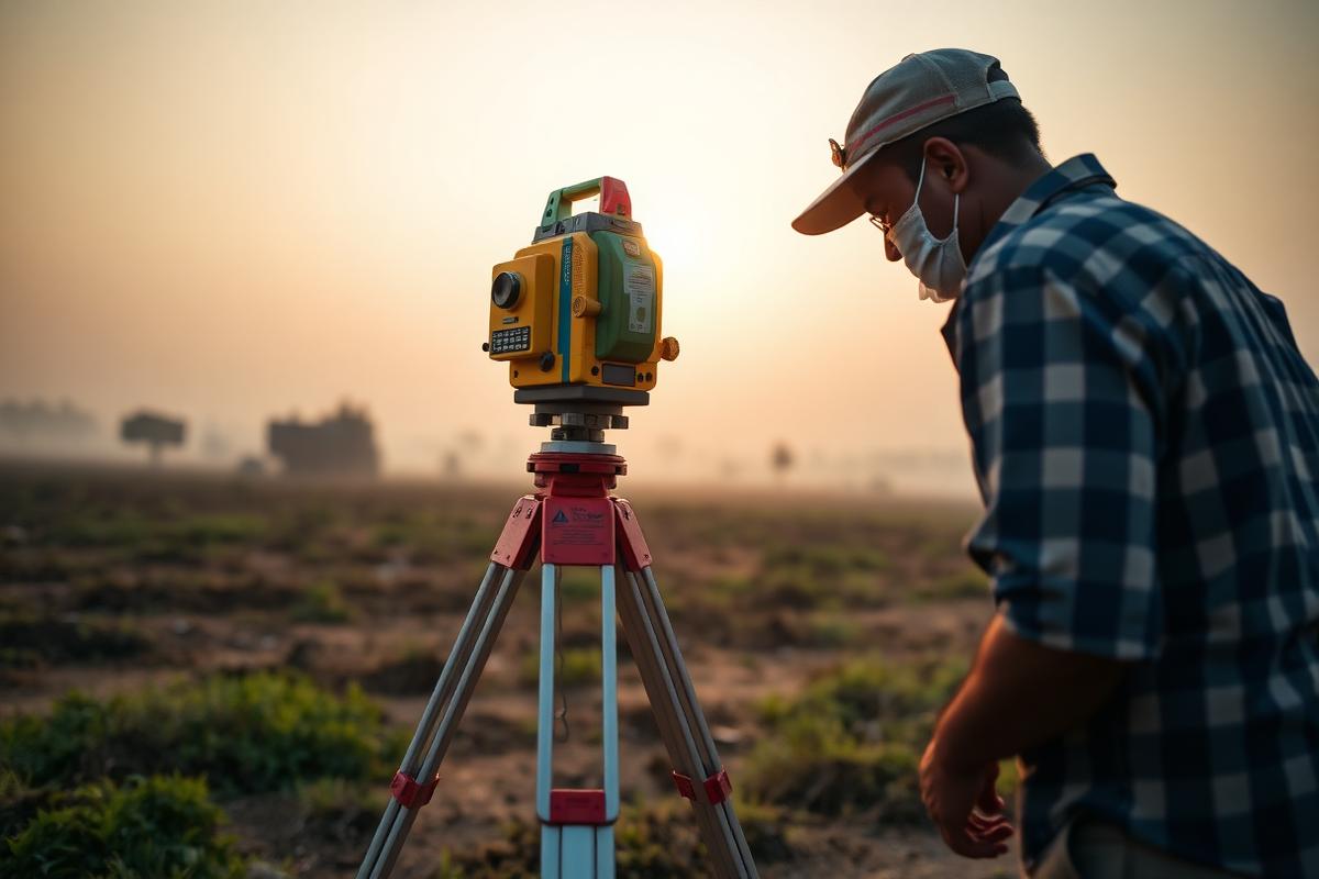 Land surveyor using a total station tripod to measure a plot of land at sunrise