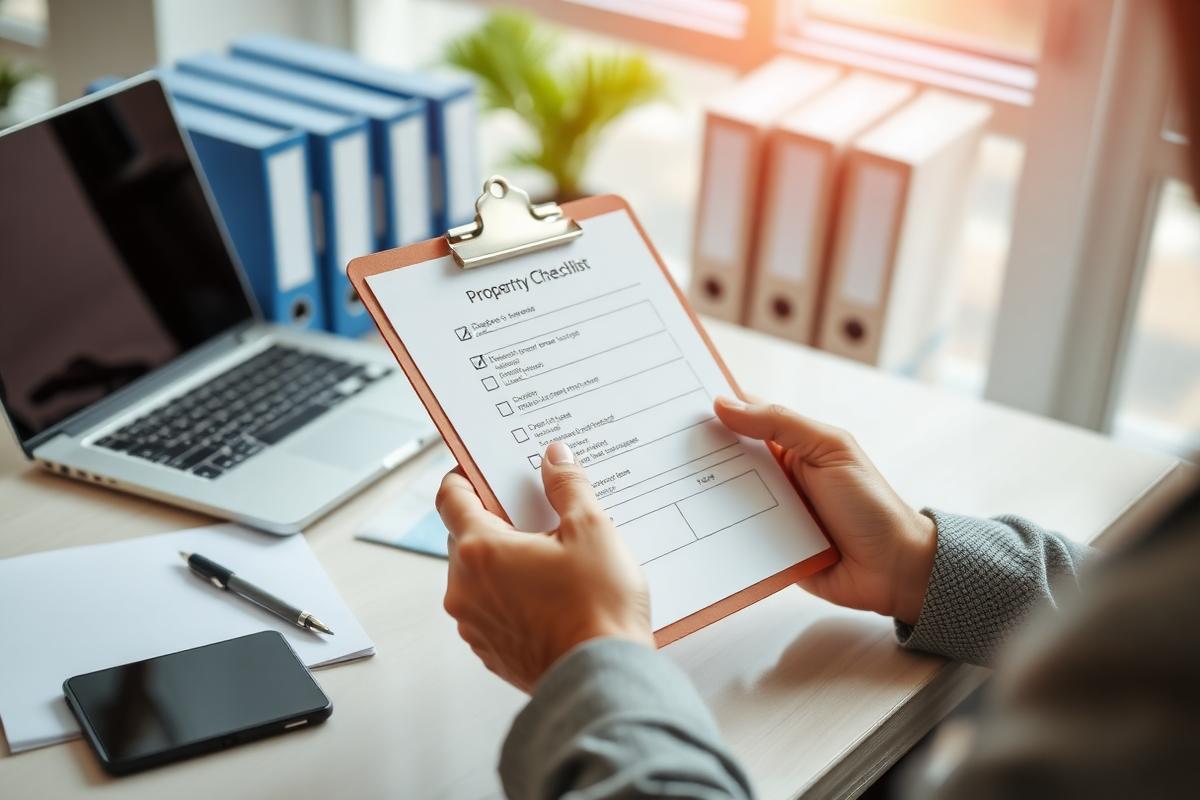 Advisor reviewing a property document checklist on a clipboard beside project files
