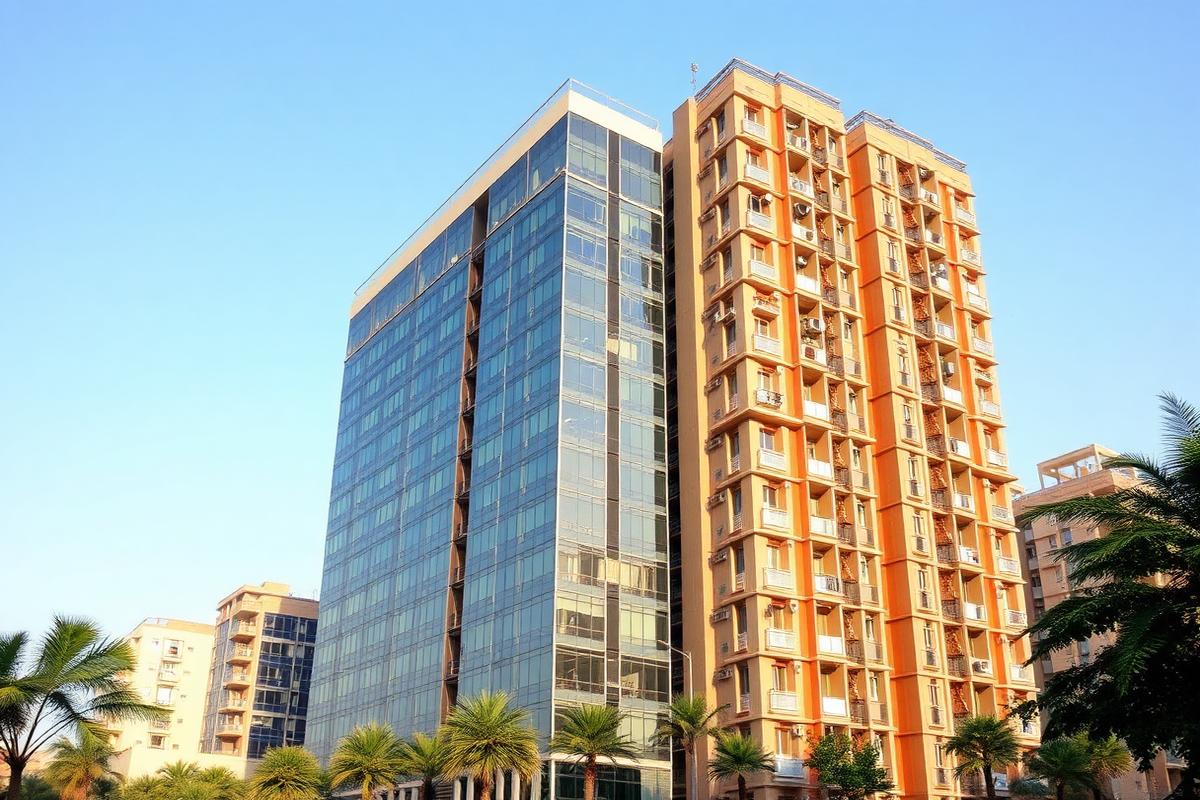 A commercial glass office tower standing beside a residential apartment tower in an Indian city